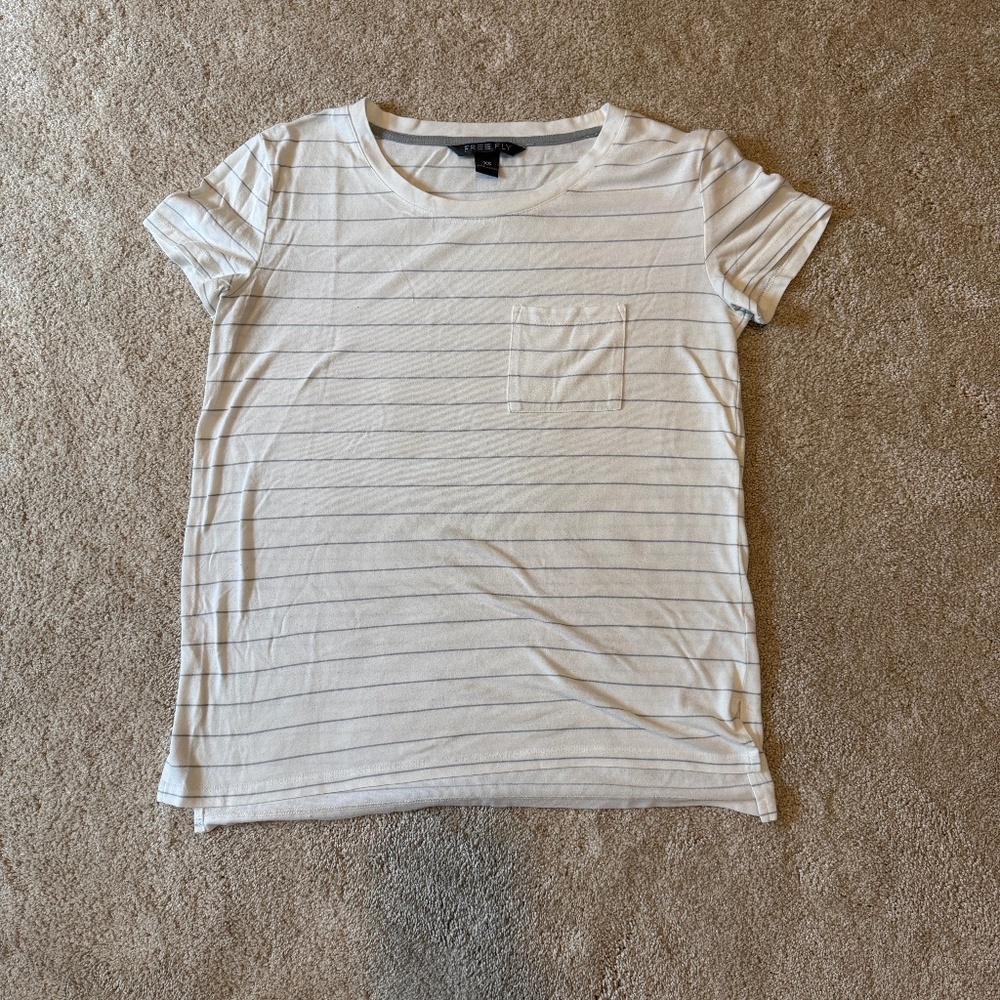 Free Fly pocket t shirt, white with gray stripes, bamboo blend